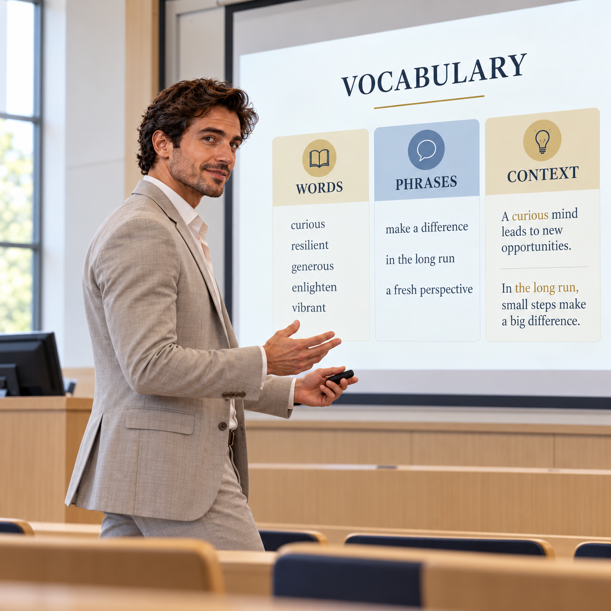 Teacher presenting a colour-coded vocabulary lesson in a lecture room