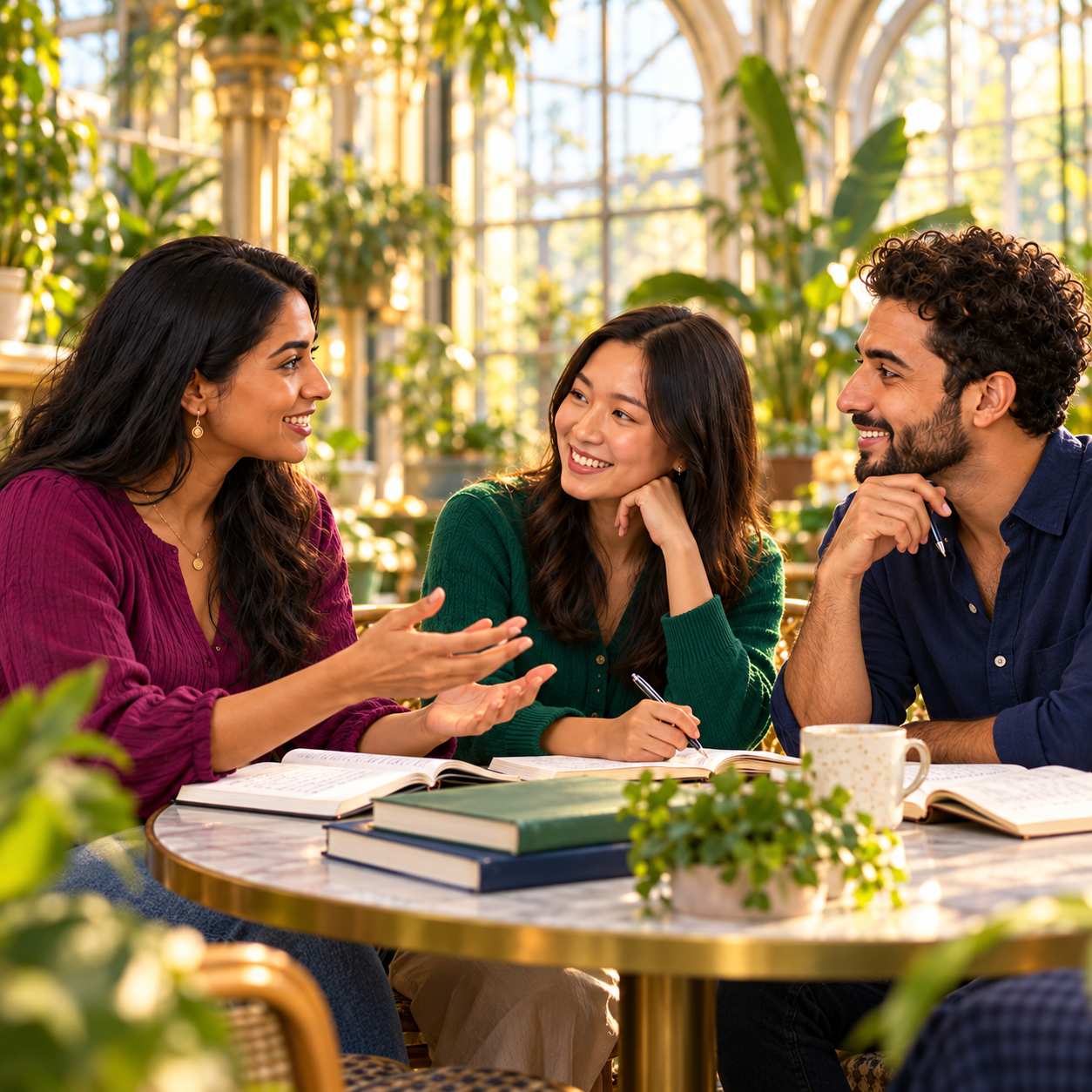 English learners sharing a conversation in a bright botanical conservatory