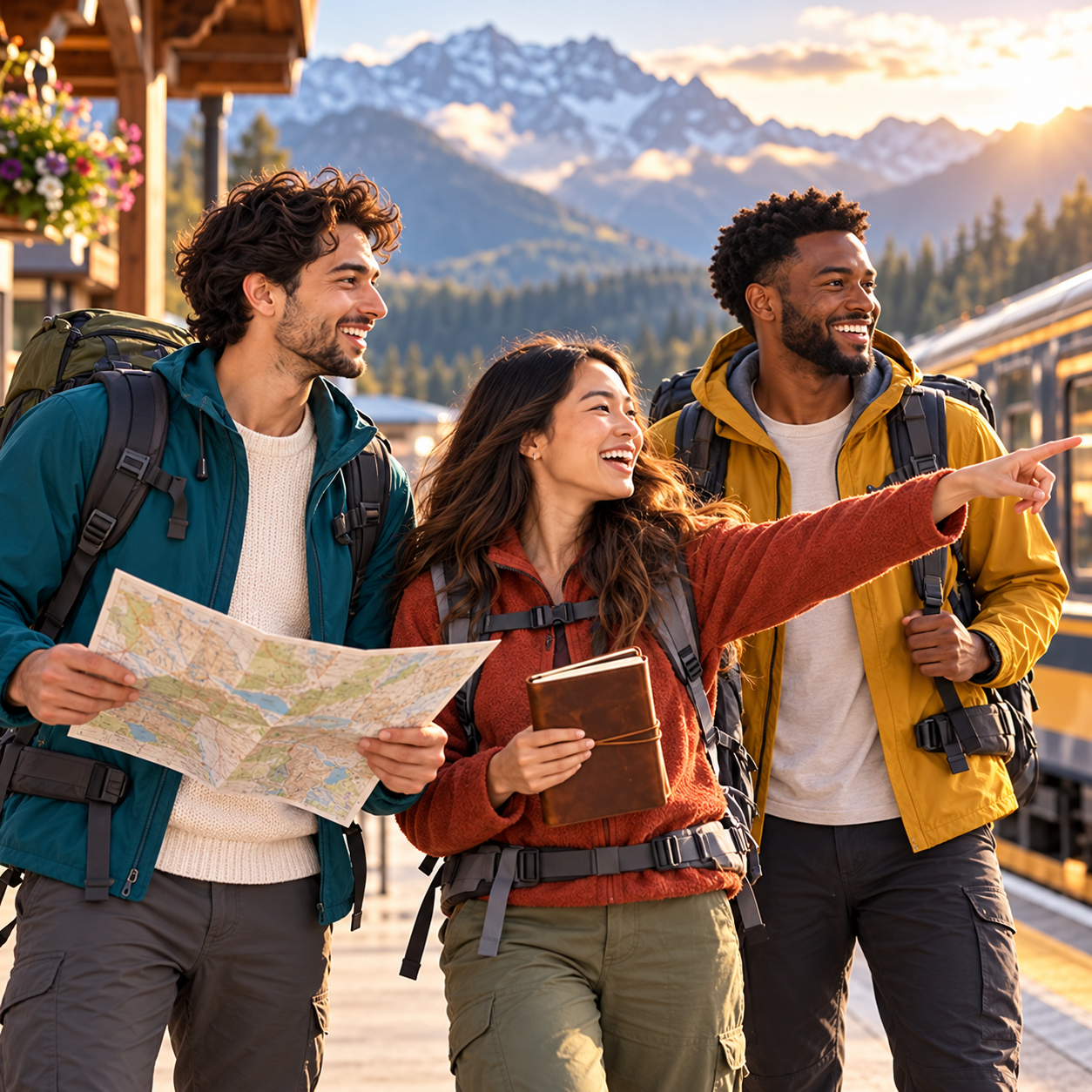 Travellers planning a mountain journey at a scenic train platform