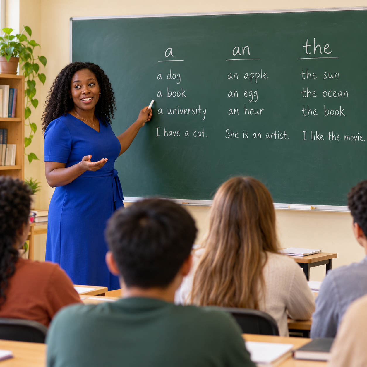 English teacher explaining grammar on a classroom chalkboard