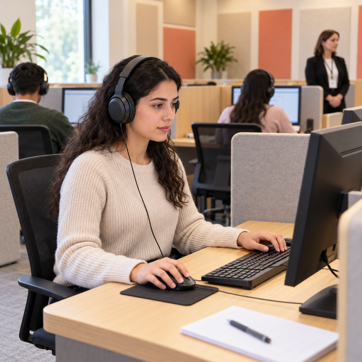 Learner completing a computer-based listening test with over-ear headphones